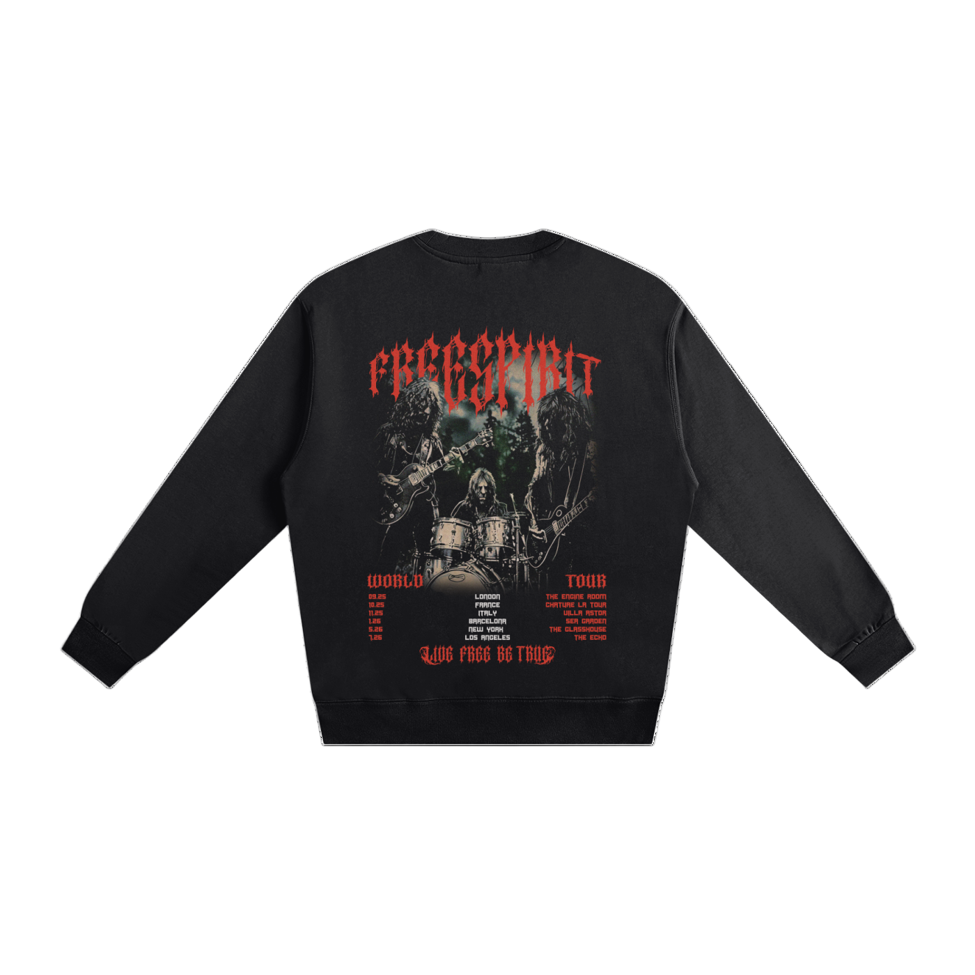 Black sweatshirt with graphic design and text on a white background