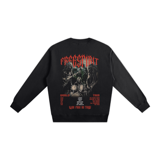 Black sweatshirt with graphic design and text on a white background