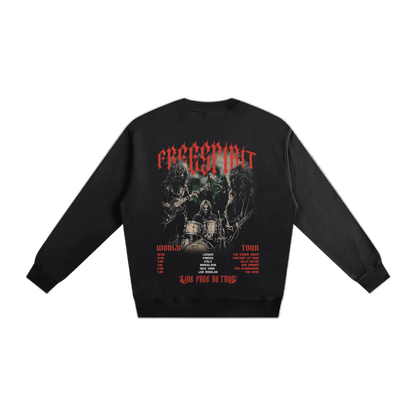 Black sweatshirt with graphic design and text on a white background